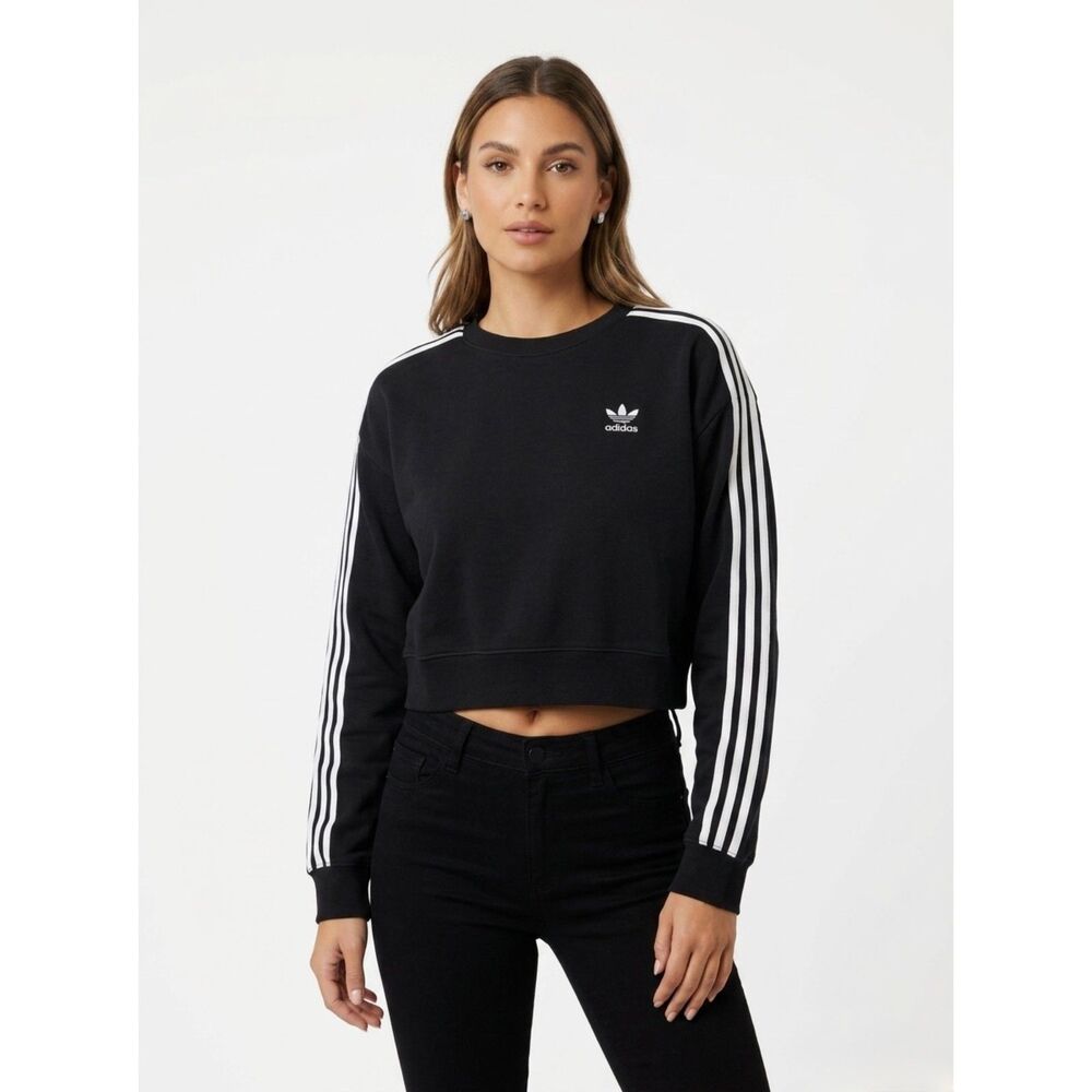Adidas Originals Black Crop 3-Stripe Crewneck Sweatshirt Size M Medium